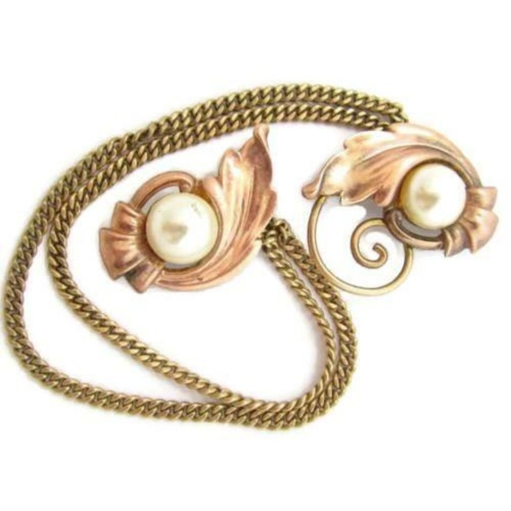 Vintage Van Dell‎ Signed 12K Rose Gold Filled Floral Faux Pearl Chatelaine Pins